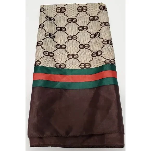 VTG Scarf Geometric 27" Square Brown/Red/Green/Tan Bordered Tennis Taiwan Nylon - Picture 3 of 6